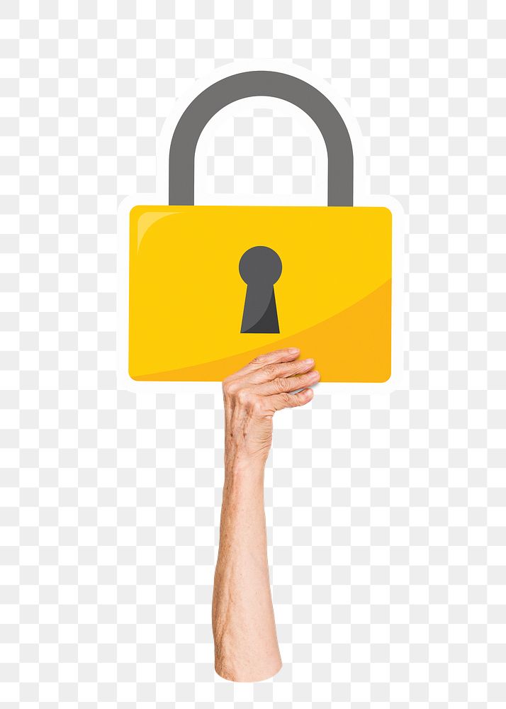 Hand holding png padlock clipart, transparent background