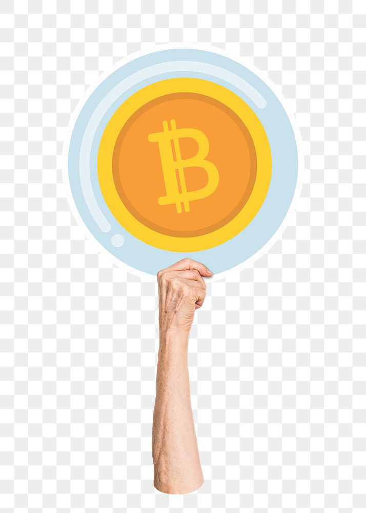 Hand holding png bitcoin sticker, transparent background