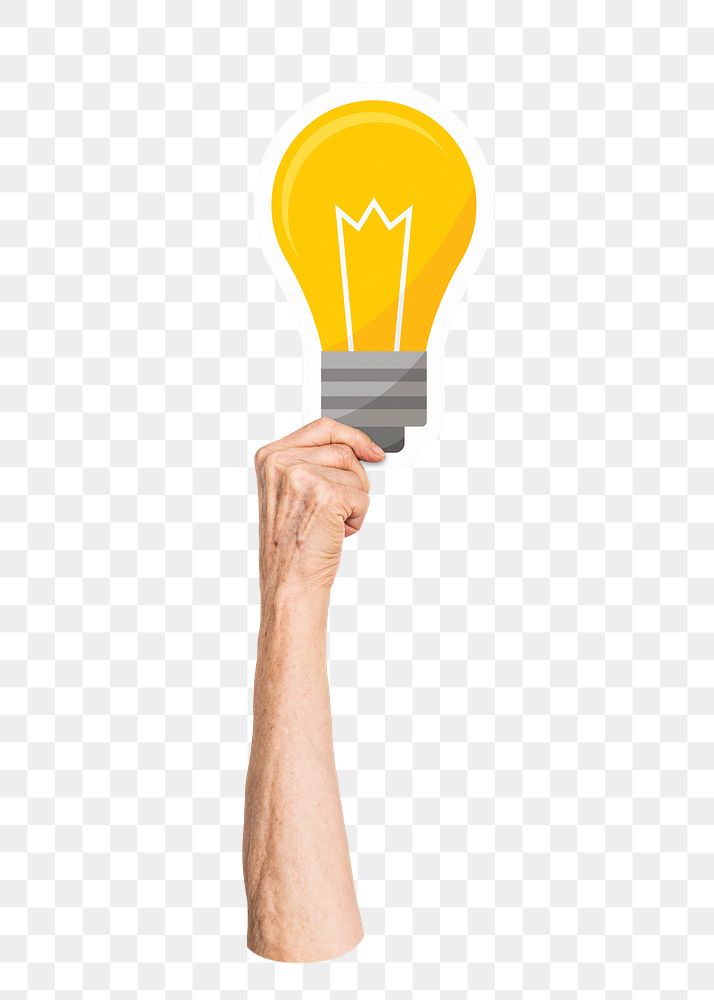 Hand holding png light bulb clipart, transparent background