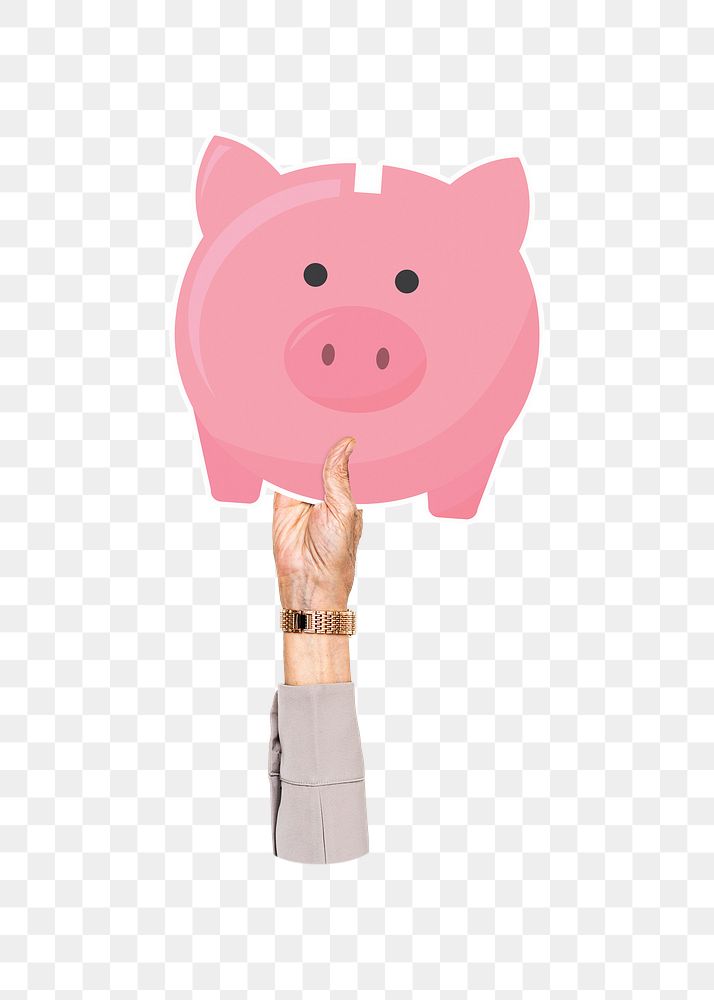 Hand holding png piggy bank clipart, transparent background