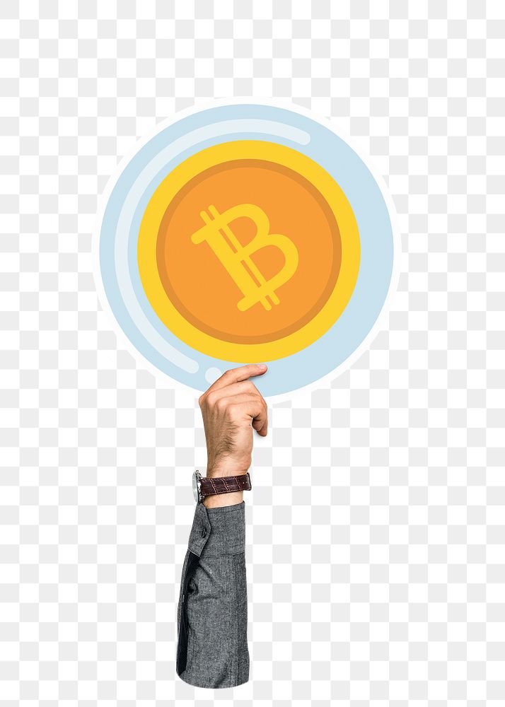 Hand holding png bitcoin sticker, transparent background