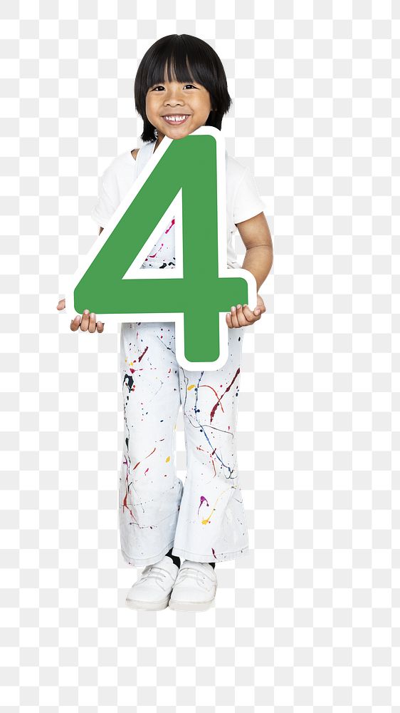 Png kid holding number four, transparent background