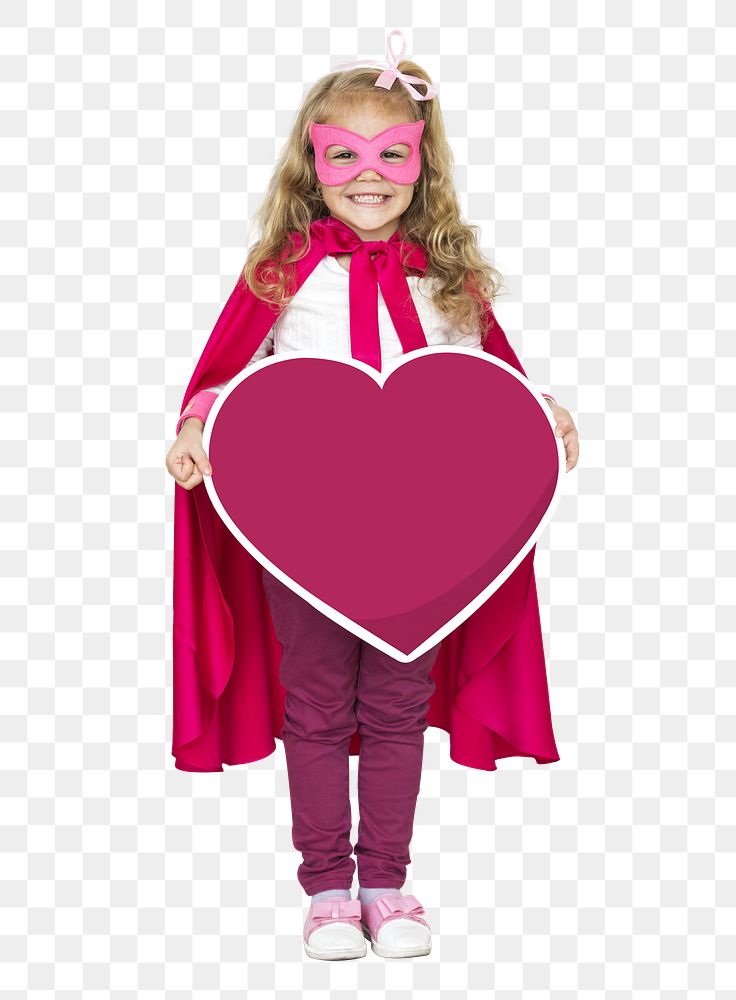 Png superhero girl holding heart icon, transparent background