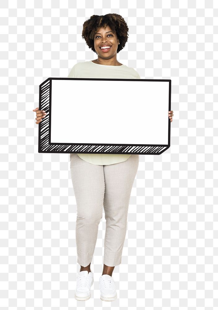 Happy woman holding sign png element, transparent background