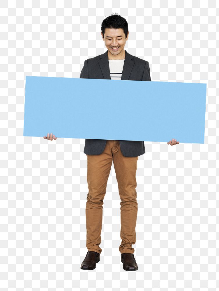 Businessman holding sign png element, transparent background
