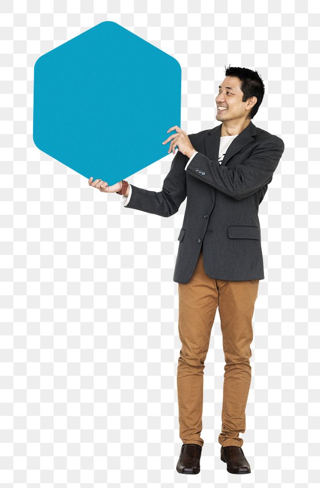 Businessman holding sign png element, transparent background