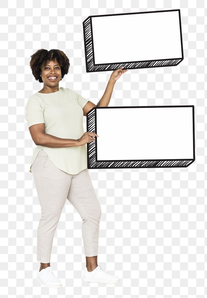 Woman holding blank sign png element, transparent background