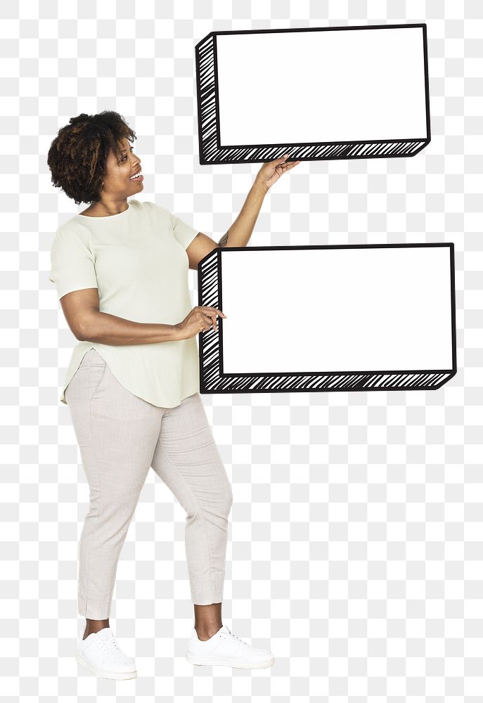 Woman holding blank sign png element, transparent background