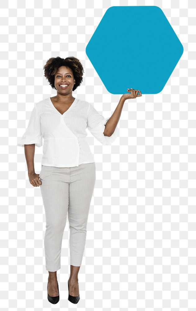 Happy woman holding sign png element, transparent background