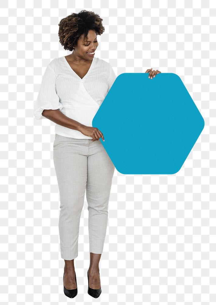 Woman holding blank sign png element, transparent background
