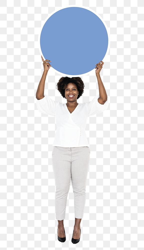 Happy woman holding sign png element, transparent background