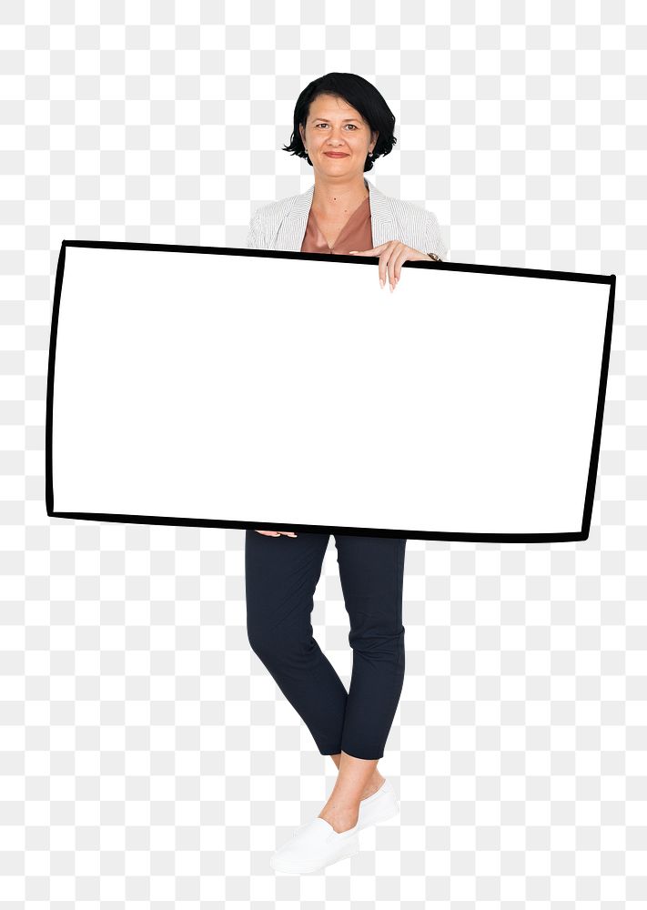 Woman holding sign png element, transparent background