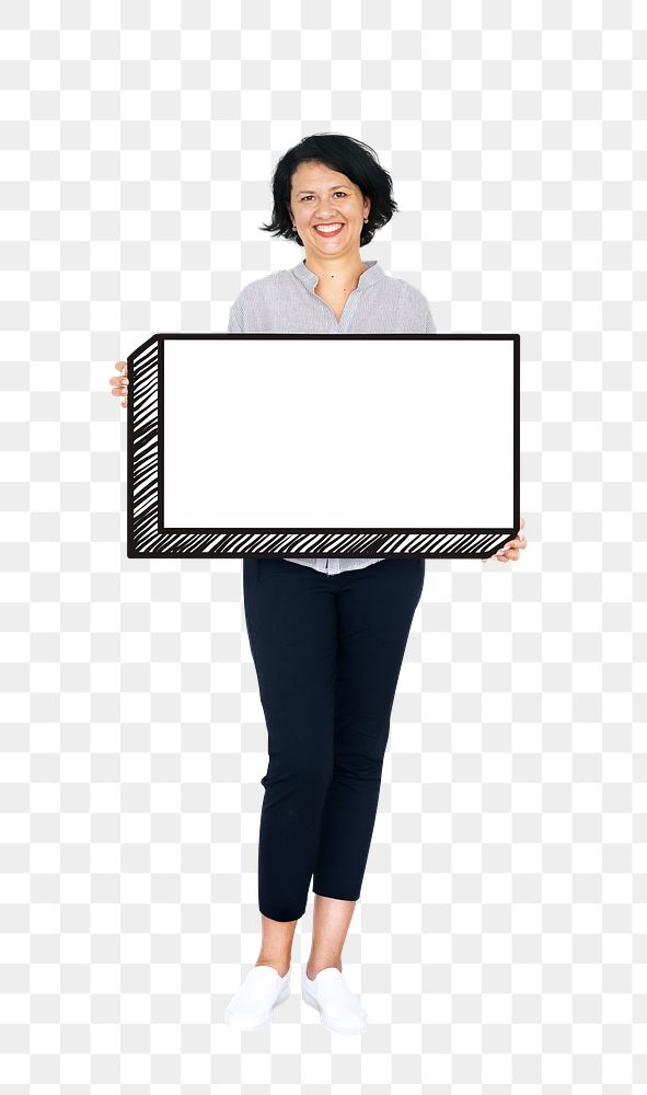 Woman holding sign png element, transparent background