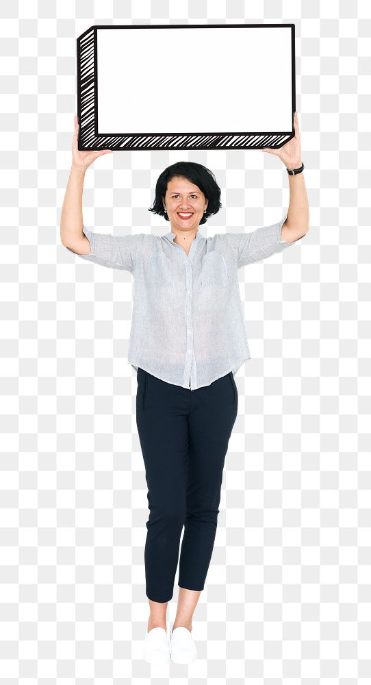 Woman holding sign png element, transparent background