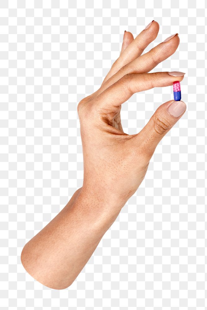 Png hand holding pill, transparent background
