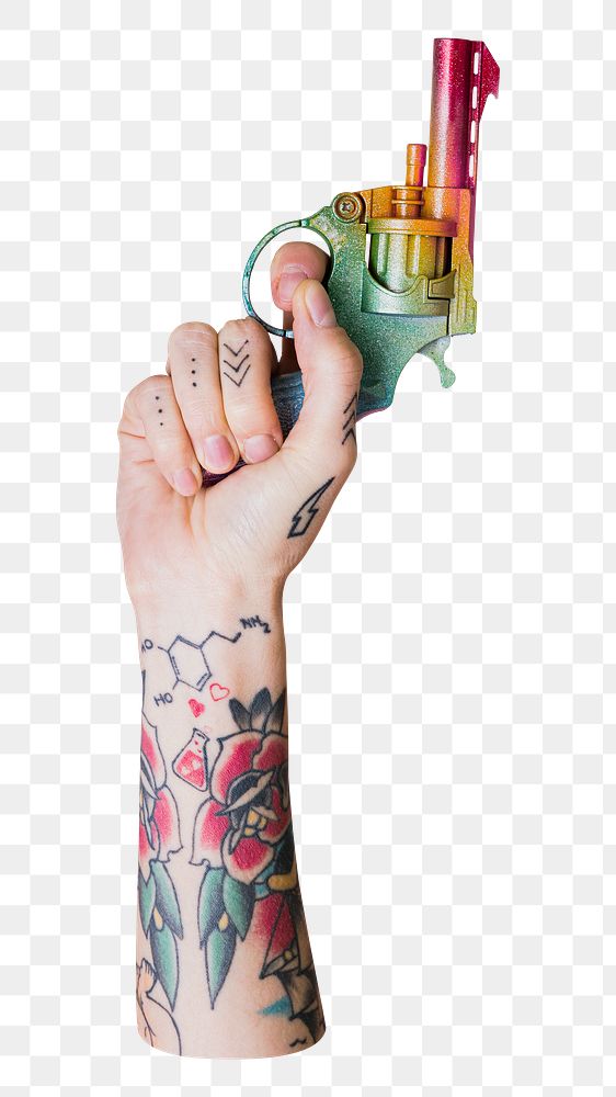 Hand holding gun png element, transparent background