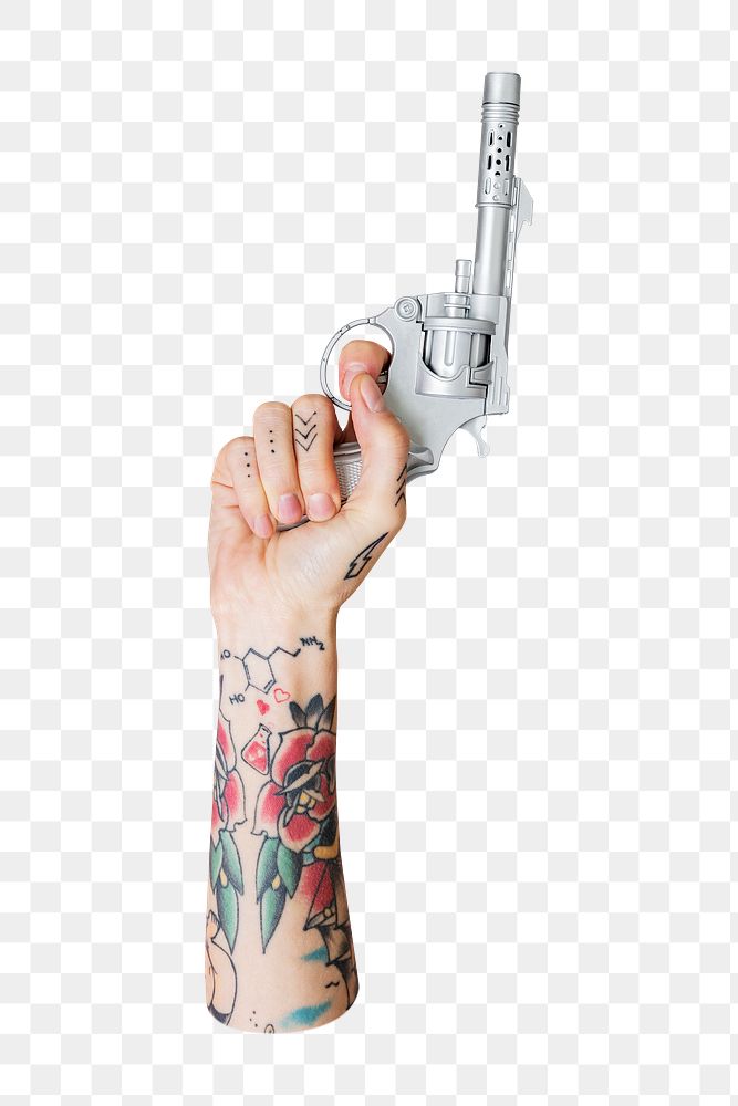 Png hand holding gun, transparent background