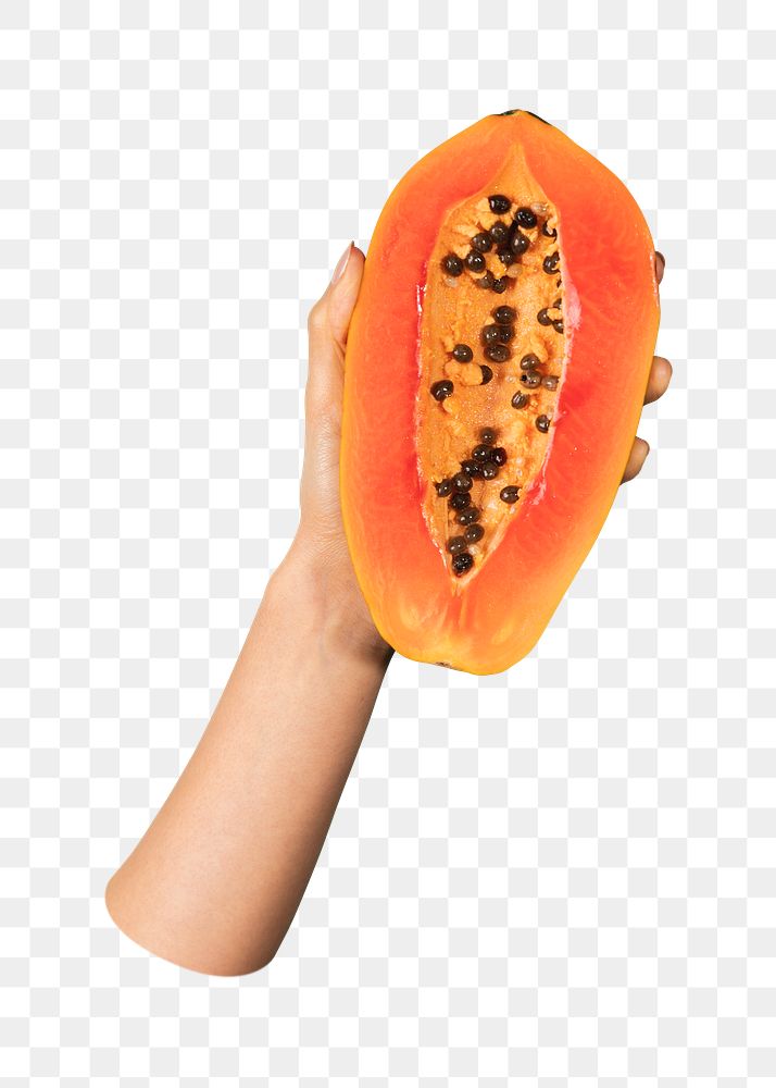 Png hand showing ripe papaya, transparent background