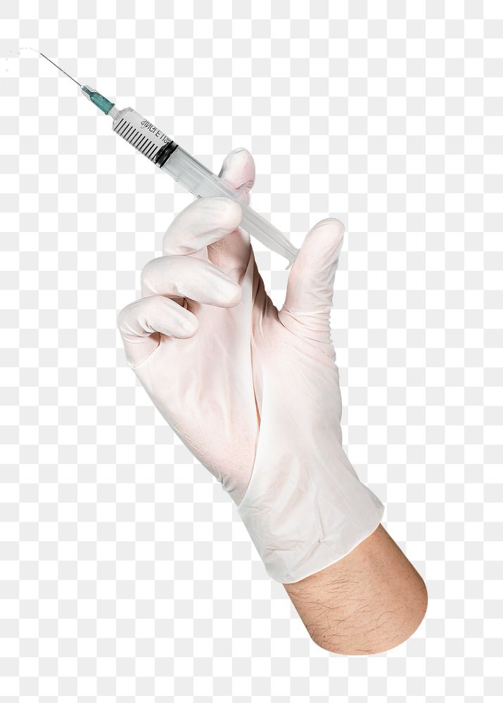Gloveed hand png holding syringe, transparent background