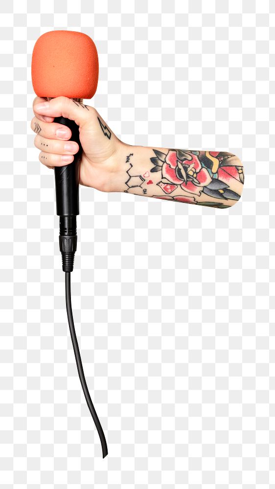 Png hand holding microphone, transparent background
