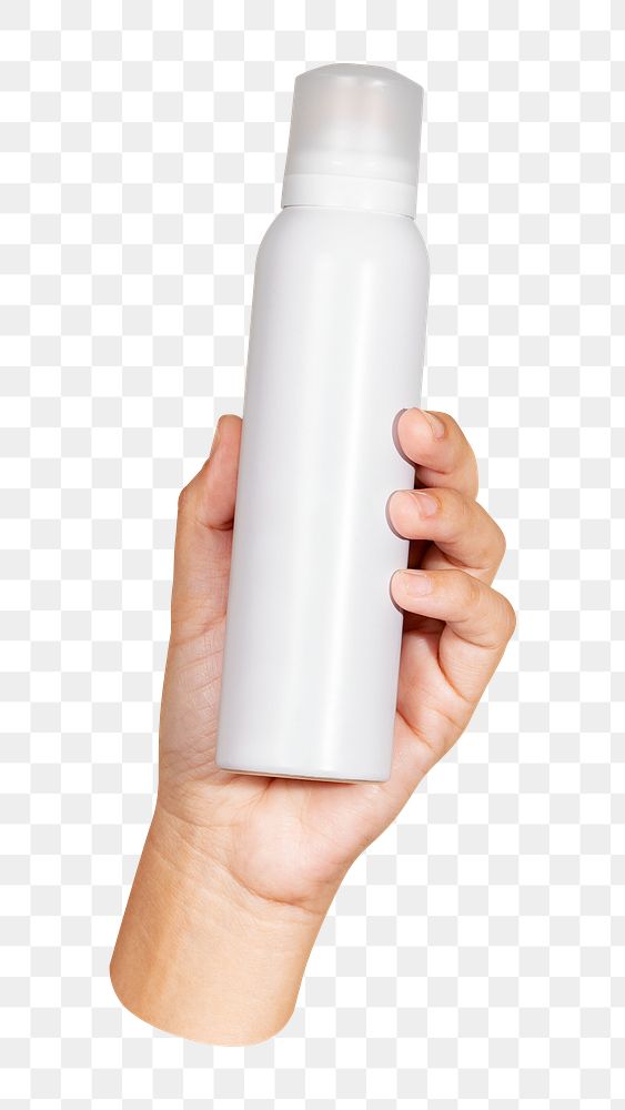 White spray bottle png in hand, transparent background