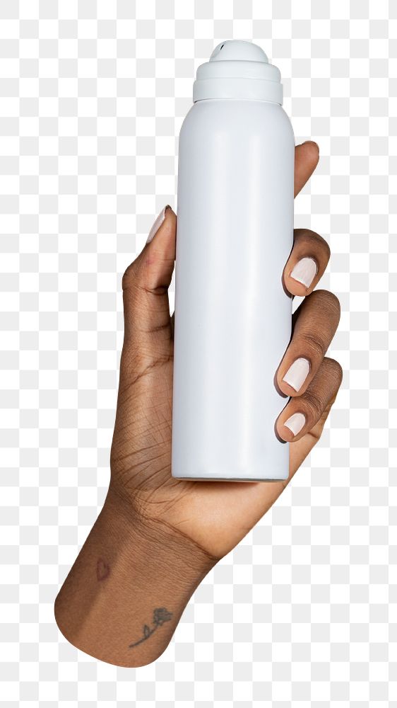 White spray bottle png in black hand, transparent background