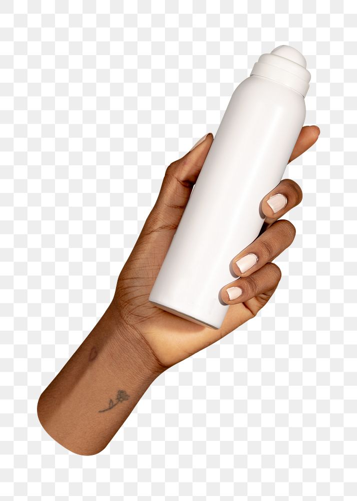 White spray bottle png in black hand, transparent background