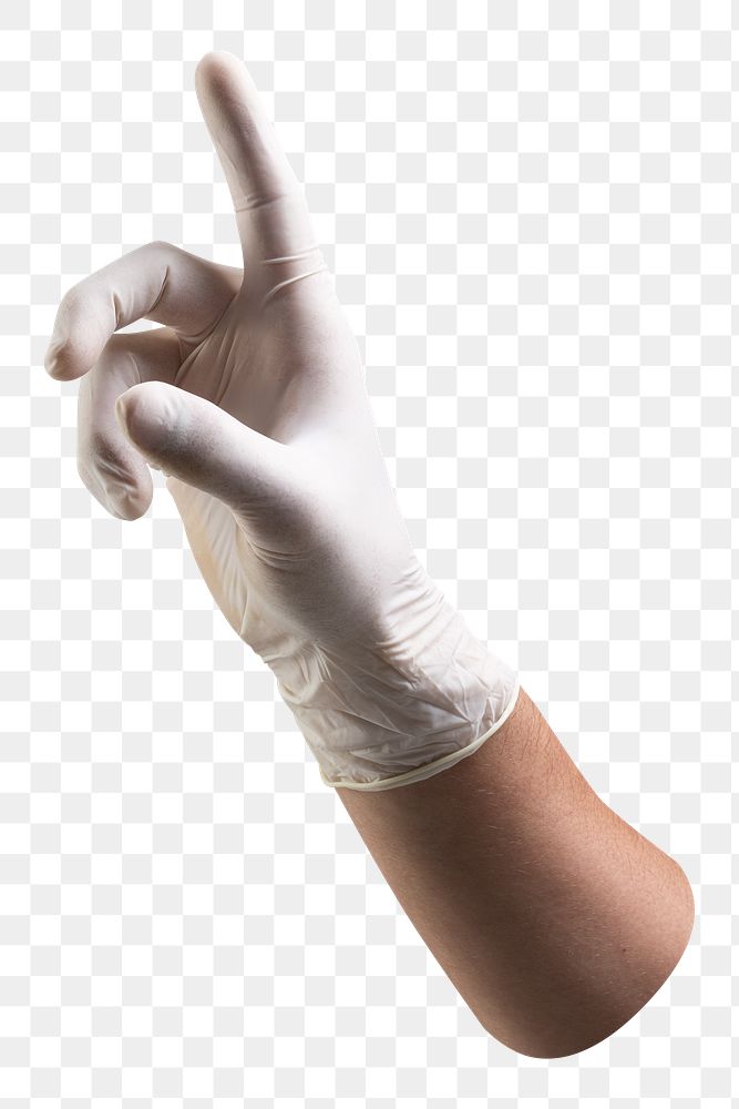 Png medical gloved hand pressing gesture, transparent background