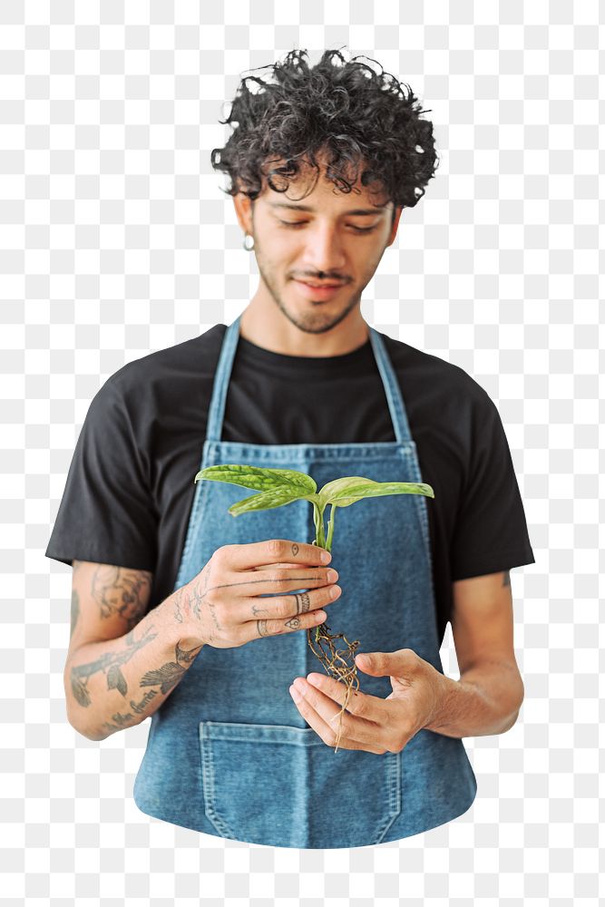 PNG Man wearing an apron holding an uprooted plant, collage element, transparent background