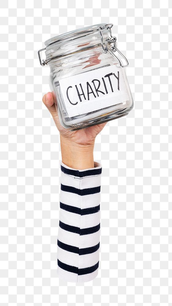 Charity money jar png, hand gesture, transparent background