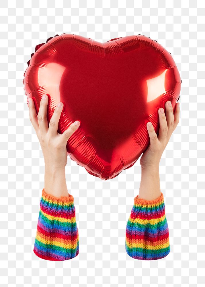 PNG hands holding heart balloon with, collage element, transparent background