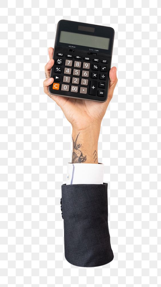 Png hand holding calculator, transparent background