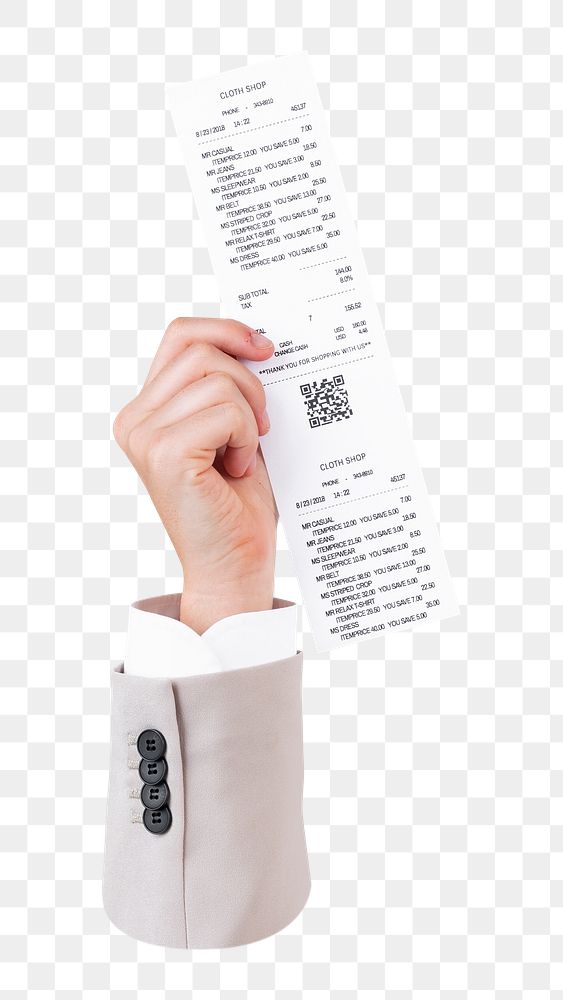 Png hand holding receipt, transparent background