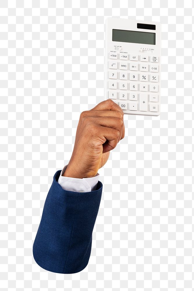 Png hand holding calculator, transparent background