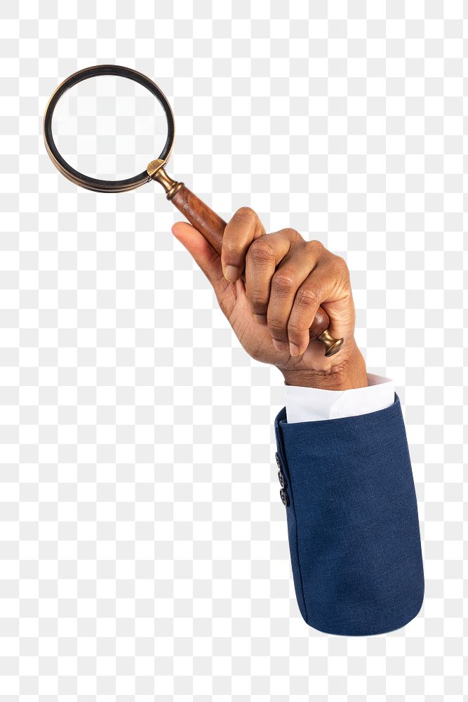 Png hand holding magnifying glass, transparent background