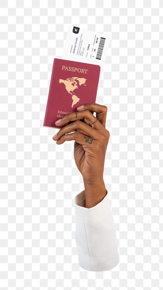 Png hand holding passport, transparent background