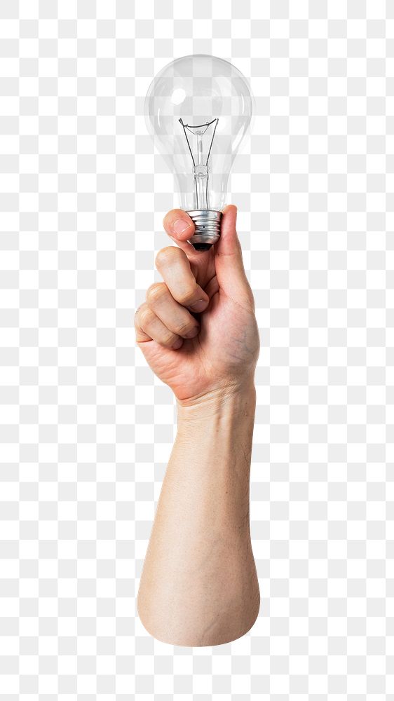 Png hand holding light bulb, transparent background
