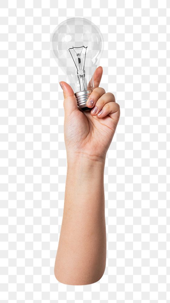 Png hand holding light bulb, transparent background