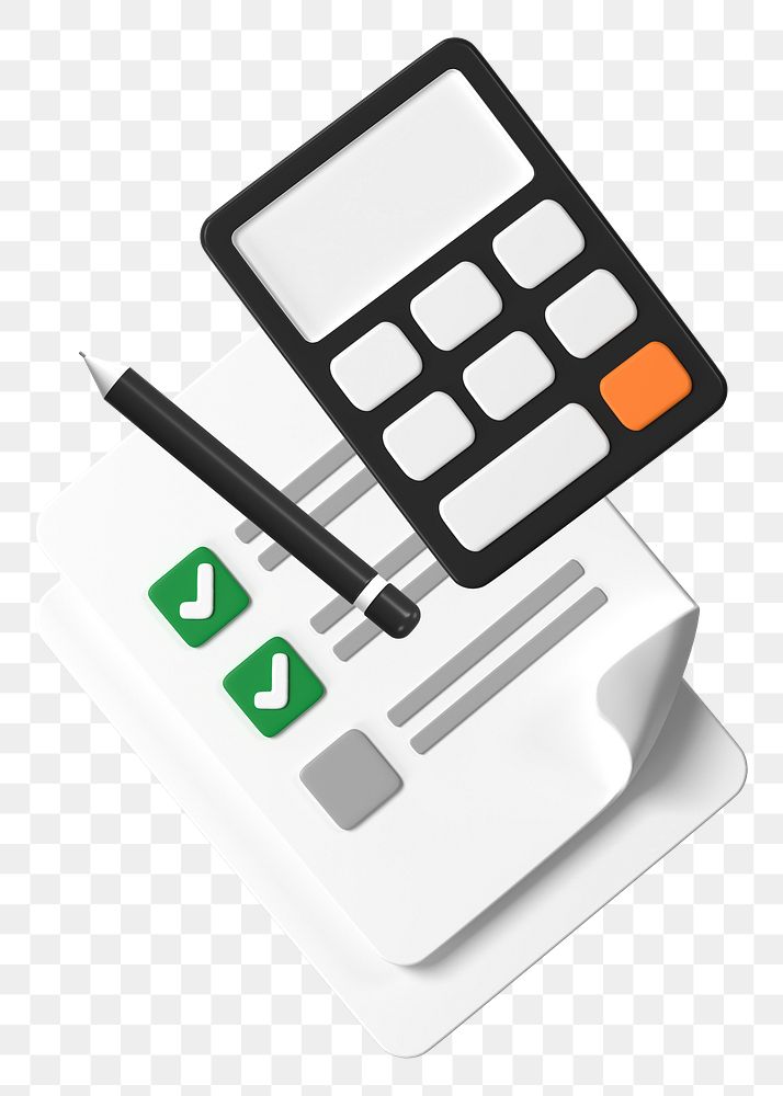 Company budgeting png 3D rendering, calculator and checklist illustration on transparent background
