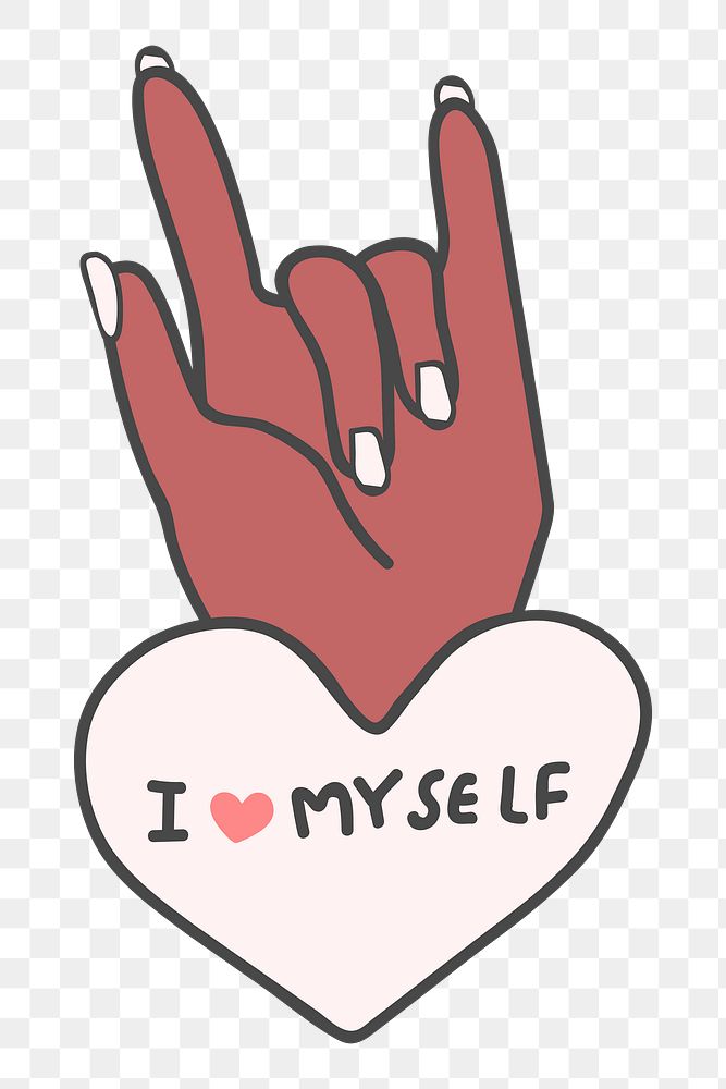 Png self love hand sign doodle sticker, transparent background