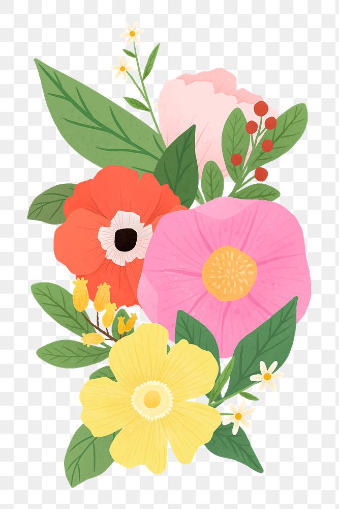 Png multicolored flowers hand drawn sticker, transparent background