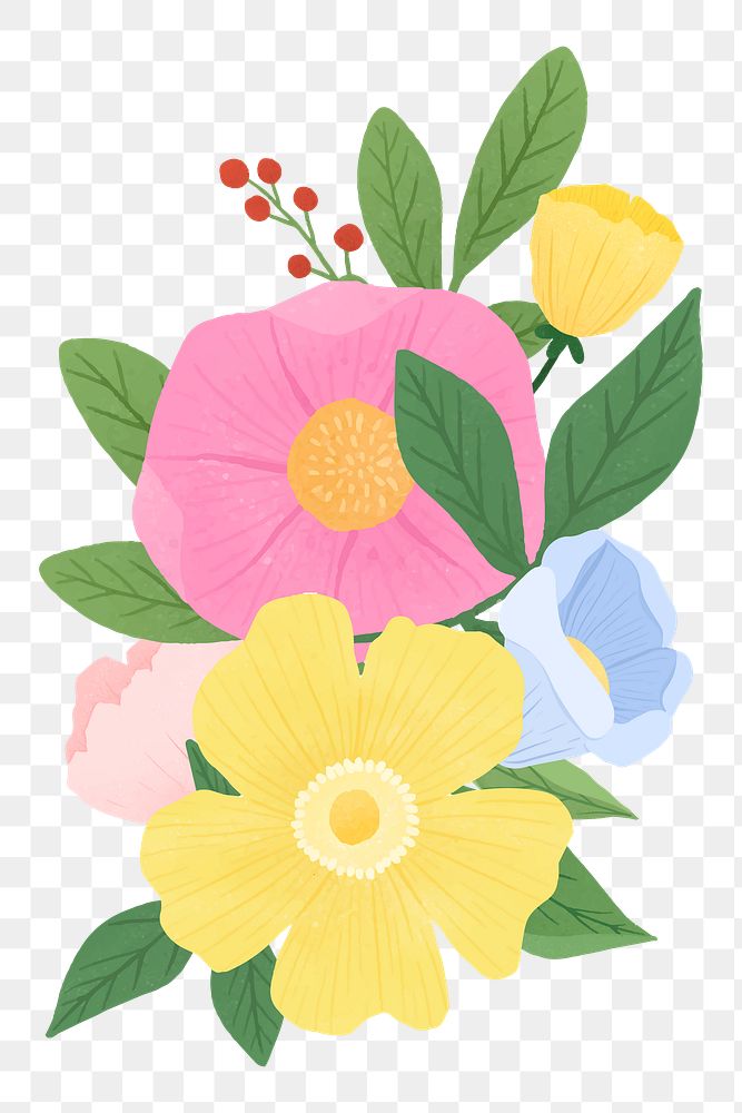 Png spring flowers hand drawn sticker, transparent background