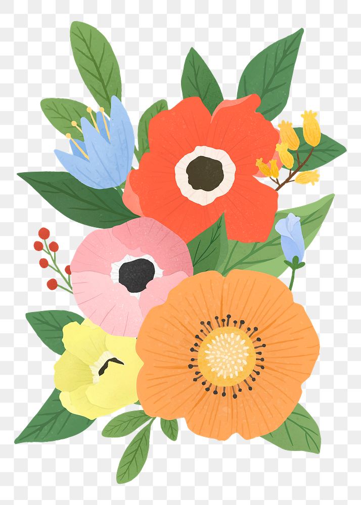 Png cute flowers hand drawn sticker, transparent background