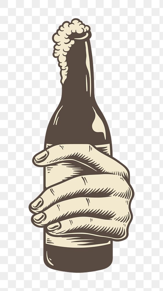 Png hand holding beer bottle illustration, transparent background