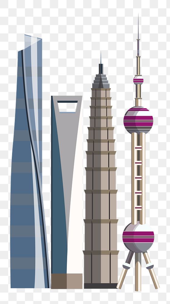 Shanghai landmark skyscrapers png illustration, transparent background