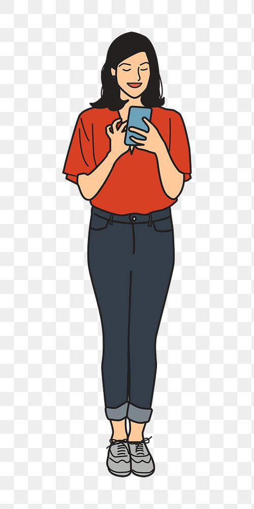 Png woman using smartphone illustration, transparent background
