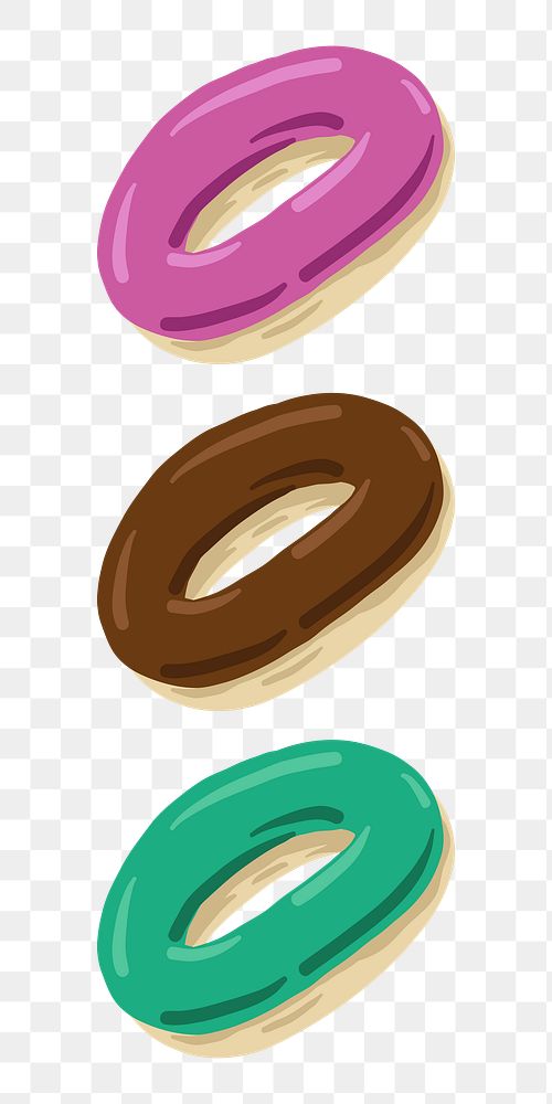 Png Three colorful glazed doughnuts illustration element, transparent background