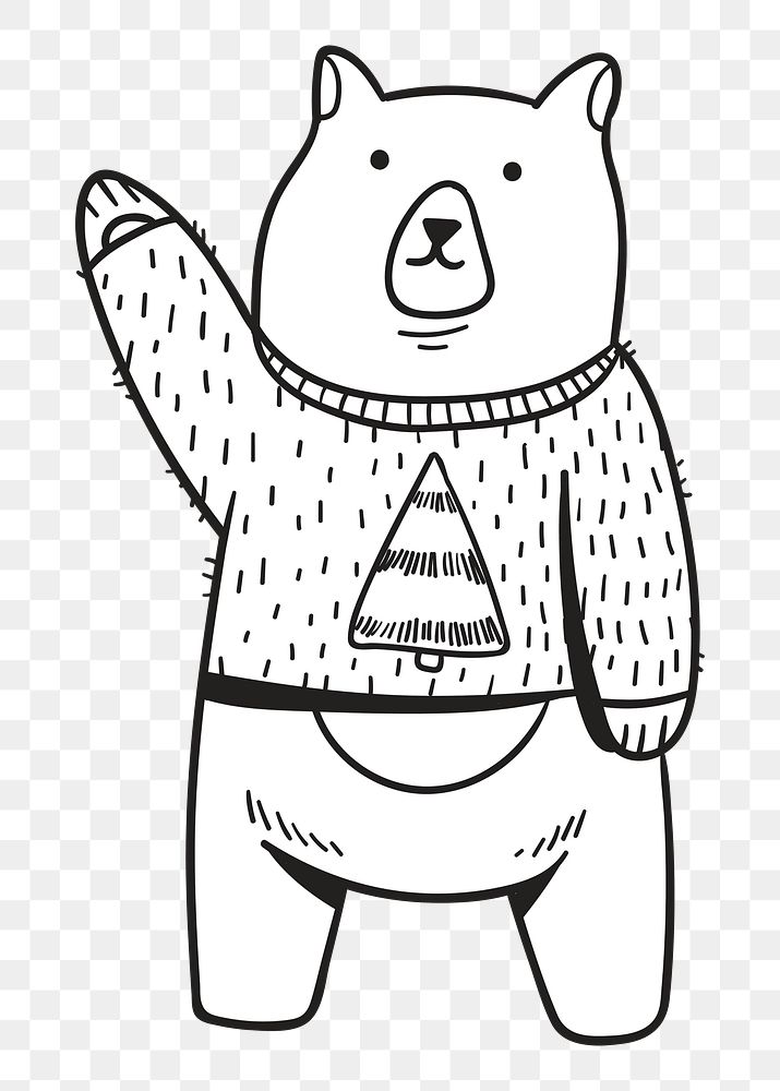 Png waving bear cartoon hand drawn sticker, transparent background