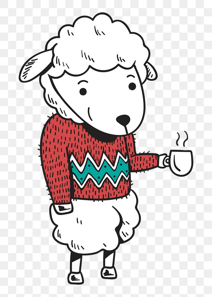 Png winter sheep character hand drawn sticker, transparent background