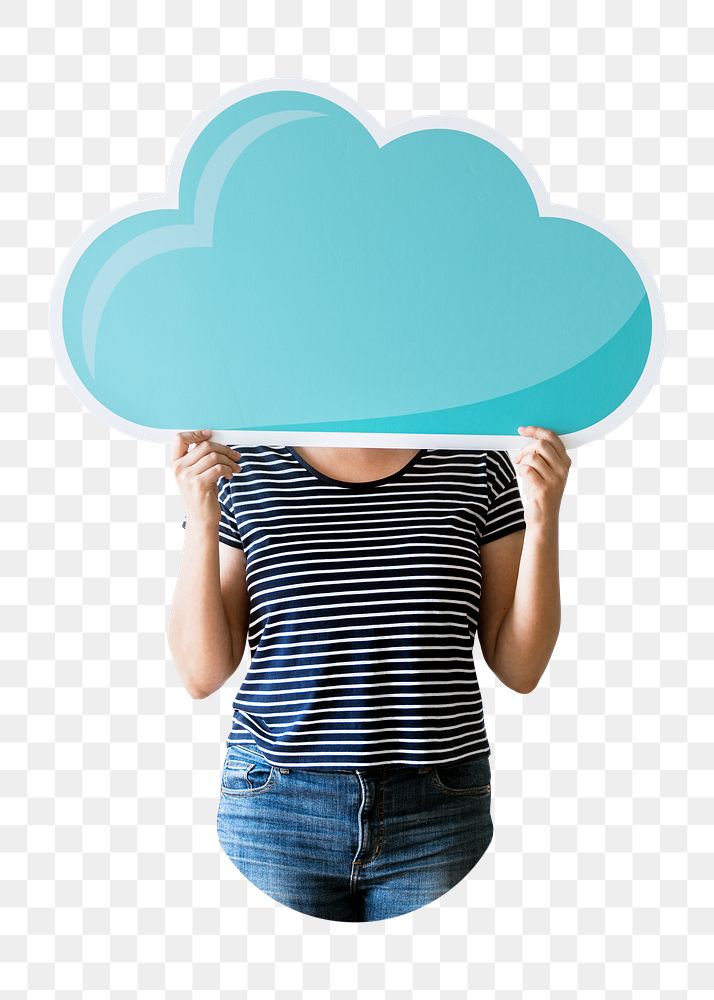 Png woman holding cloud board, transparent background